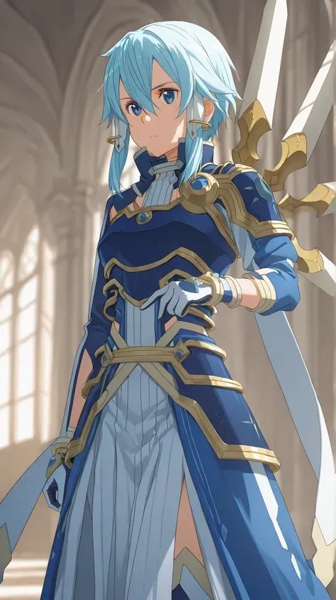 Sinon_(Alicization), S1n0nS0lus、S1n0nS0lus, 1girl, hair between eyes, blue hair, sidelocks, blue eyes, Gloves with white backs and blue palms, short hair with long locks, armor, short hair, Long skirt with slit and front, Ultramarine Thigh-High Boots, Big ...