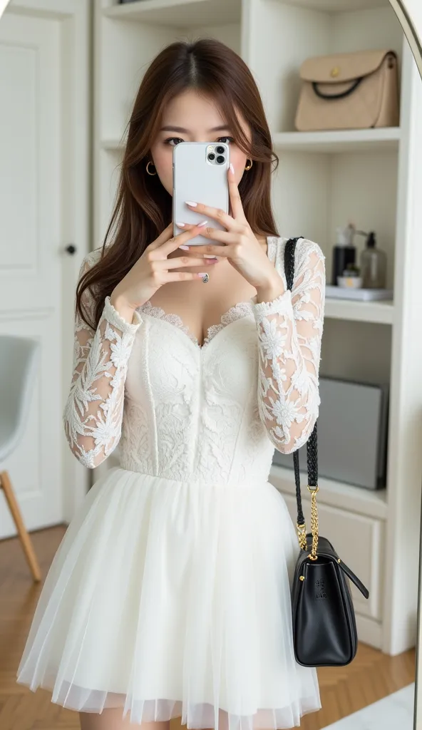 A25-year-old Japanese woman with a well-groomed face and large eyes that are characteristic and very beautiful

masterpiece best quality, photorealistic portrait of an adult female model taking a mirror selfie in a predominantly white interior. Most of her...