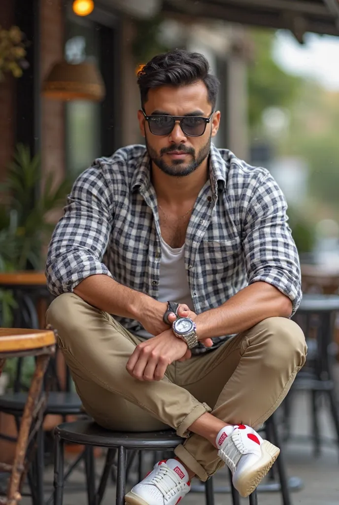 A **fit and muscular South Asian man** with a well-groomed **light beard**, sharp jawline, and neatly styled hair, sitting confidently in an **outdoor café**. His **broad shoulders, toned arms, and defined chest muscles** are visible under a **fitted plaid...