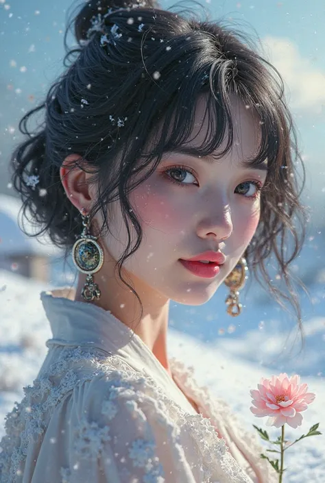 A sexy asian  girl, with a  leather eyepatch，with round earrings，smile，short hair, with pink lips,  flower, sky, snow， ancient