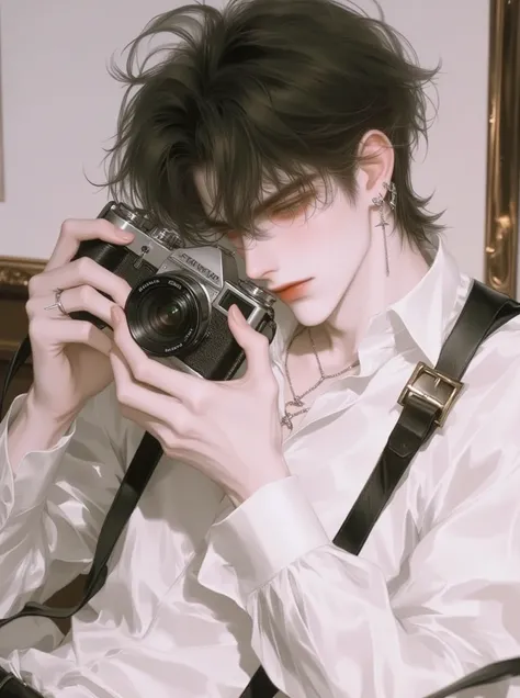 Anime boy with tousled dark hair holding a camera. He wears a white shirt, a necklace, and a camera strap over his shoulder. His expression is focused as he looks through the camera's viewfinder. The image has a soft color palette with a warm, gentle light...