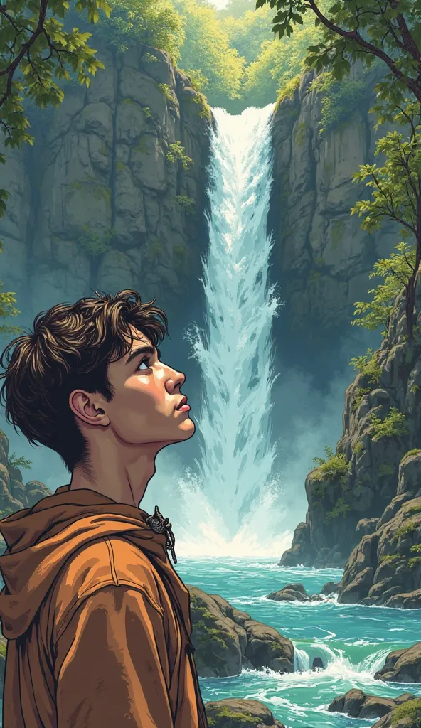 Create a very high quality image, in drawing, old comic book style: a young man seated, looking at a waterfall, THOUGHTFUL, an image with lots of details,  crystal clear water 