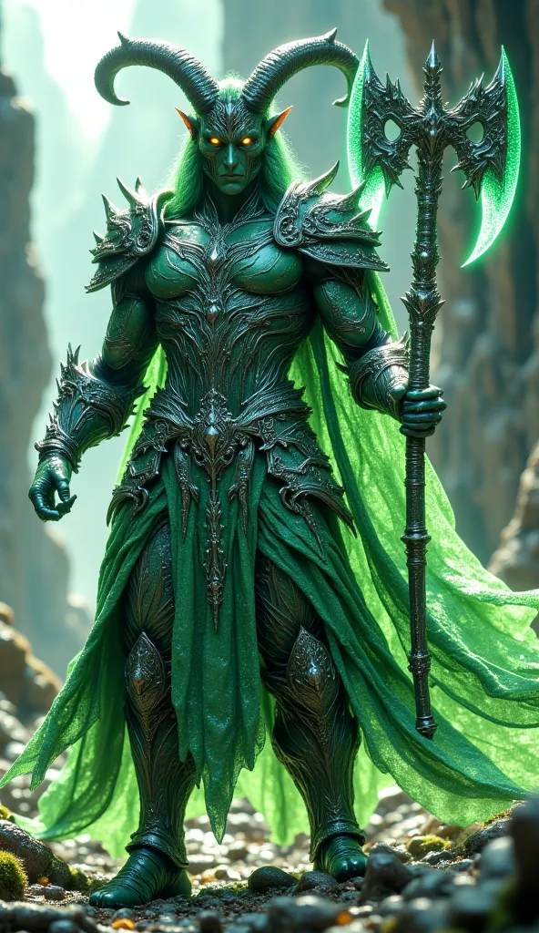 Masterpiece, very realistic, 8k Ultra HD, Clad in dark green and silver armor with goat-like horns, fairy warrior wields a mighty war axe. His/her unwavering strength and endurance resemble the resilience of towering mountains.