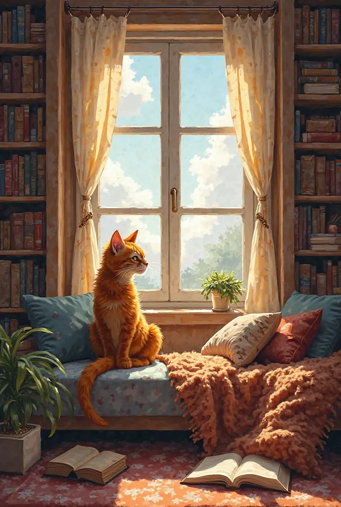 I want you to see a window with a comfortable seat on a bookshelf full of books, with a book on the couch, a cup of coffee and a blanket., Add a shredded cat