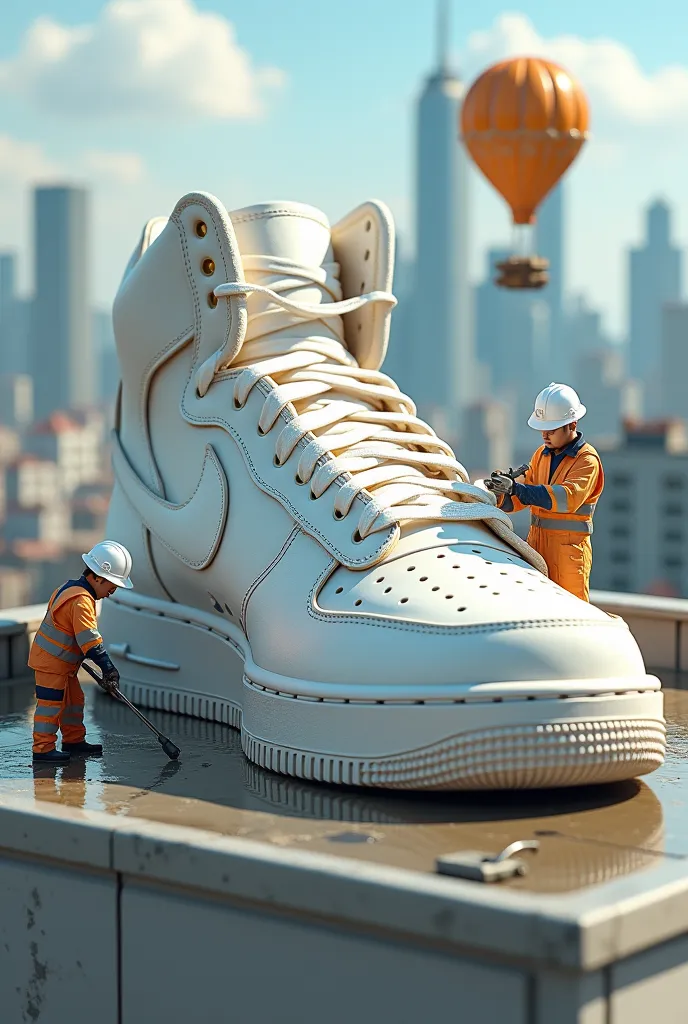 ((Realistic human miniatures)) are working atop a colossal white sneaker placed on a rooftop cleaning station. Tiny workers with pressure washers spray foam over the sneaker’s surface, while others scrub the fabric with oversized toothbrushes. A team of mi...