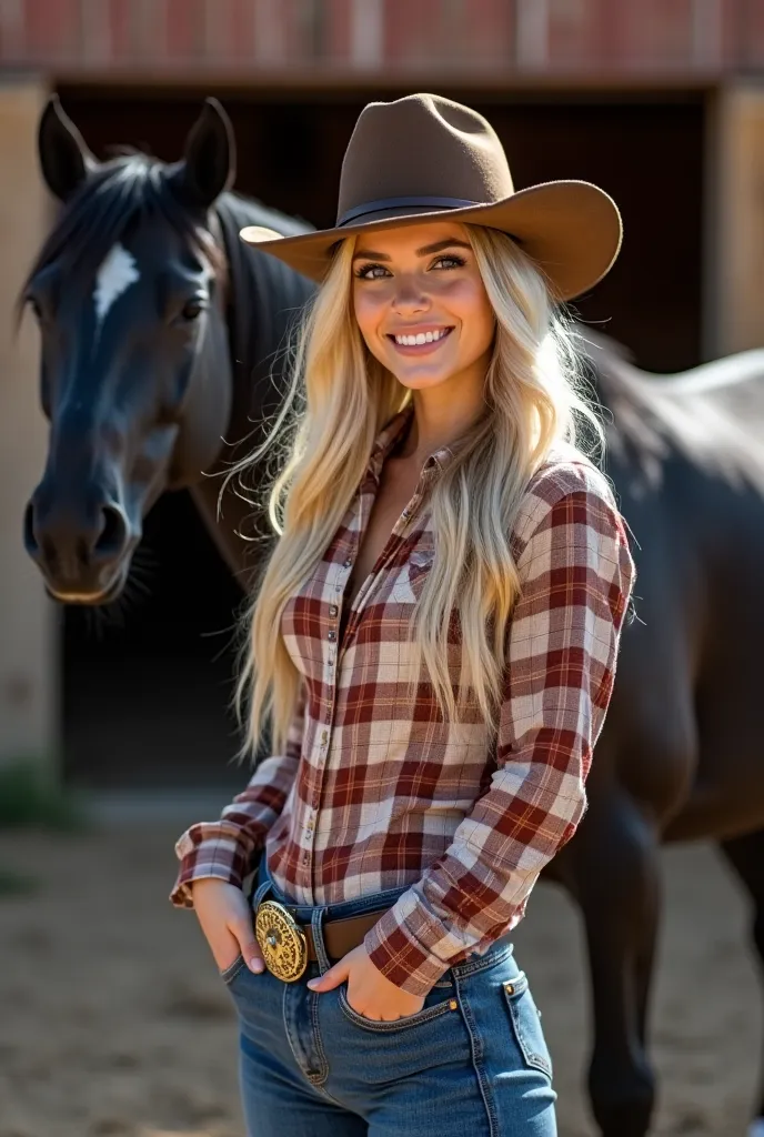  A 25-year-old young woman with long light blond voluminous hair. bright blue eyes. Slim figure and large bust.  narrow hips .  elegant hands . She is wearing cowboy pants and a tight checkered blouse that is slightly open. She has a cowboy hat on. She is ...