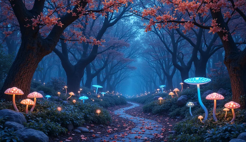 A magical fairy woodland at night, dark trees with glowing orange and pink blossoms, bioluminescent blue mushrooms lighting the forest floor, a winding path sprinkled with glowing petals, a starry sky peeking through the canopy, ethereal and vibrant.