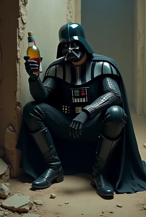 Darth Vader is sad drinking alcohol from a bottle in a dirty, dry corner 