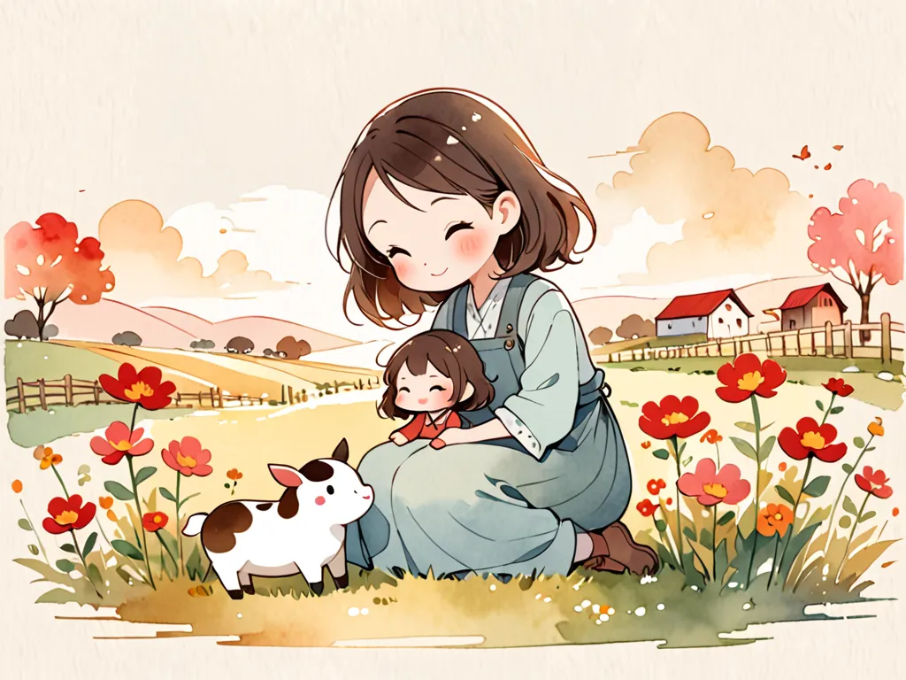  hyperrealism, Simple Line Acronym，Abstract art，Kitamura Nobuhiko style , Kawaii design ,  chibi, (((母とFarm work))), (((Farm work))),  watercolor