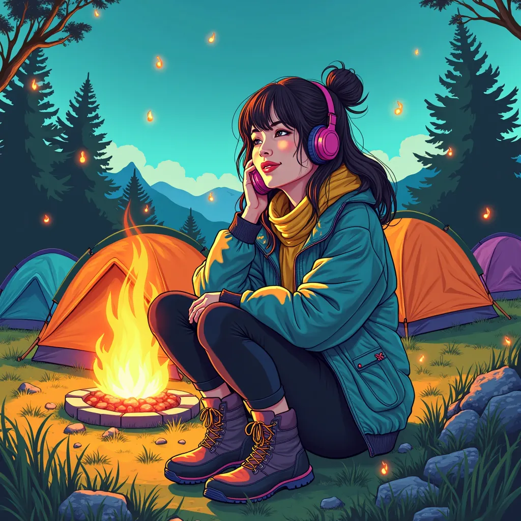 "A vibrant and dynamic anime-style album cover design featuring a beautiful Korean woman enjoying a camping trip. The woman is depicted in a stylish outdoor outfit, such as a cozy jacket and hiking boots, exuding relaxation and joy, with a gentle, anime-in...