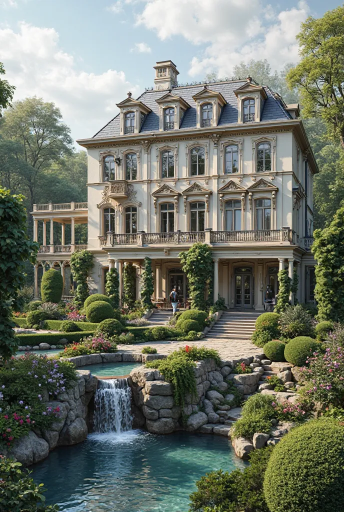 New classic Modren and heratge 3 stores house with baroque garden and landscapes  woth waterfall theme and glass house 