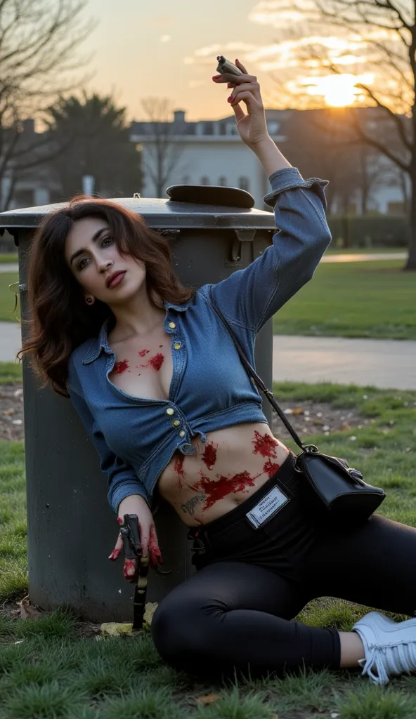 bloodied and mortally wounded female assassin  sits weakly on the grass in a park leaning against a dustbin. She has multiple gunshot wounds in her chest , belly and flank and she is bleeding profusely from her wounds. She has a glock in her hand which is ...