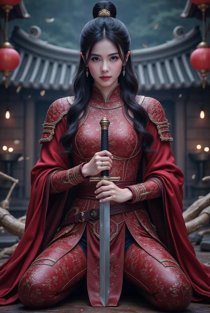 (Close up). A battle scene in which a sexy female wuxia lands in metalic red silver armor、Place one hand on the floor and hold the wuxia long sword horizontally in front of your face.、Intricate chain mail that fits the body perfectly、sexy， Serious Eyes、Low...