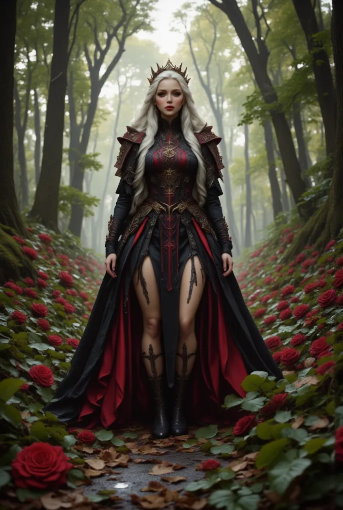 elf queen walking through lush forest showering her in blooms, she is albino with long white hair, scowling, {{perfect anatomy:1.4}}, her gown is black with {{glowing red runes and roses}}, her loyal subjects, the red goblins, dance and frolic around her, ...