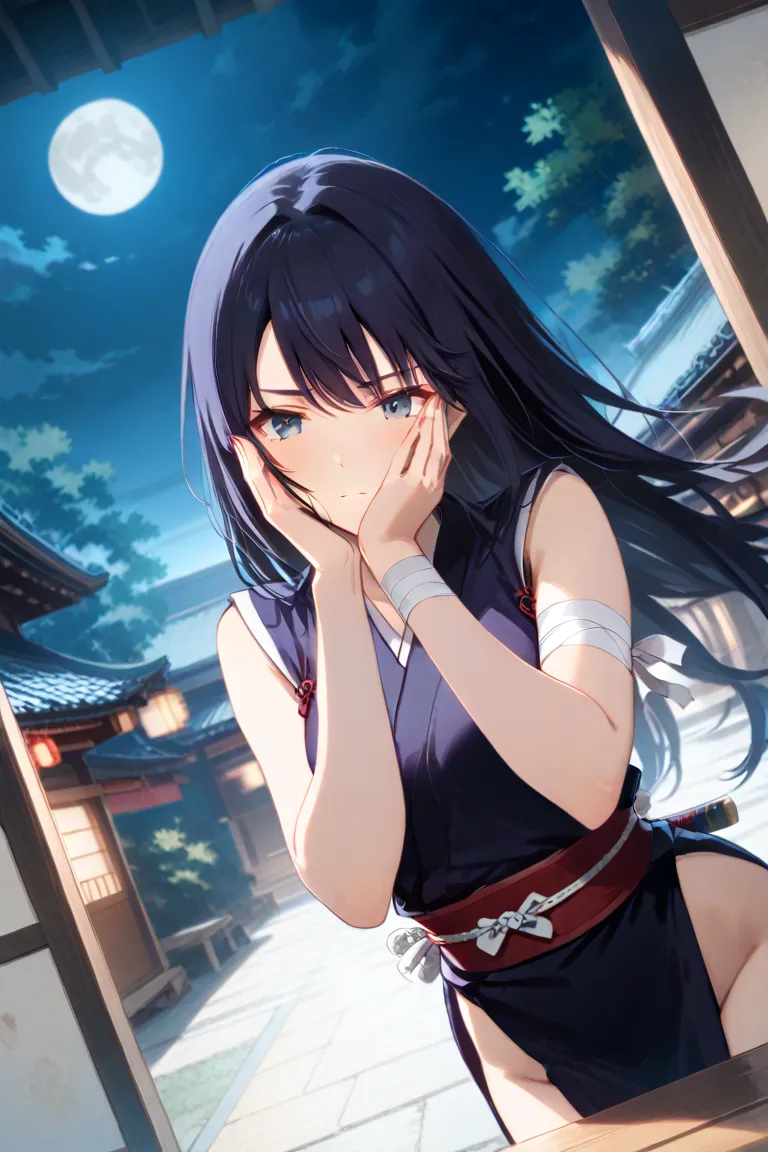 masterpiece, Top Quality,  feet ,  character focus , One person, upper body, long hair, female ninja,  bandage that wraps around my arm,In a pose holding a sword, Dynamic Angle, focus on your face,  Moonlit Night, Ancient Kyoto