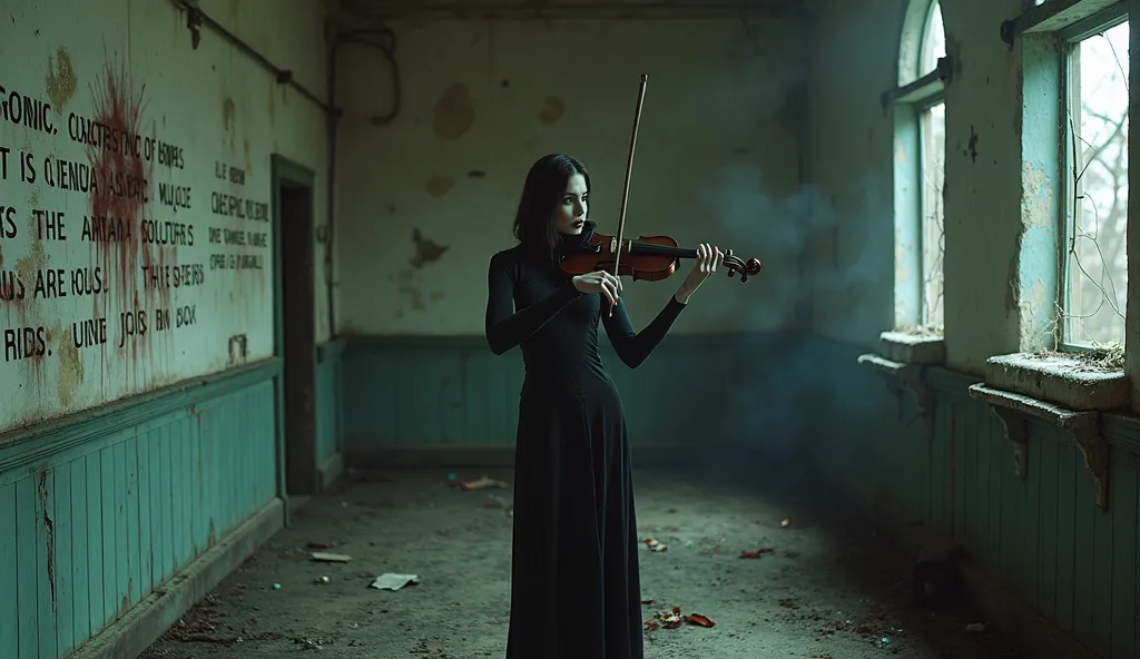 A violinist with porcelain skin and jet-black lips, standing in the center of an abandoned mental asylum, playing a violin covered with scars. In the walls , phrases written in blood begin to change with each chord, while distorted figures appear in broken...