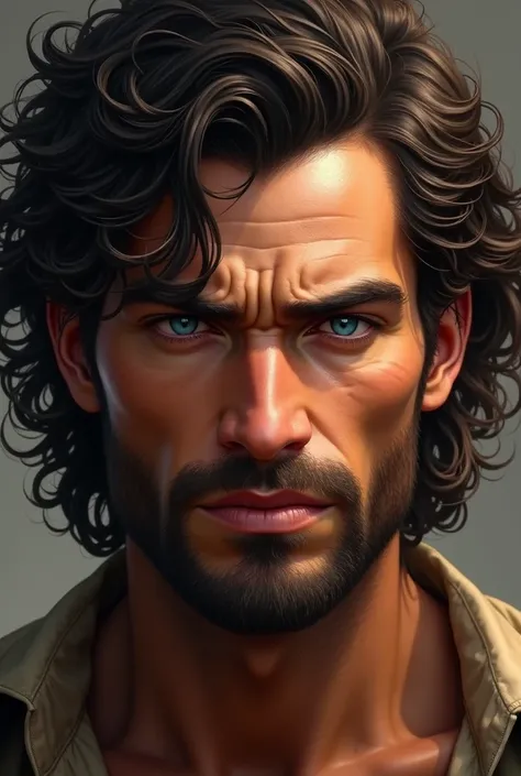 With black curly hair, tall,brown , with blue eyes,Draw a  man 