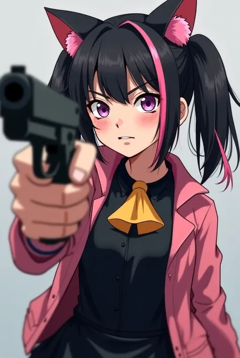 A girl holding gun to the screen, angry looking, wants revenge, black haired with pig tails, she have side bangs, she have some pink hair in her side bangs, she have pink hair, she have black basic dress and a short pink jacket, she have cat ears, at an an...