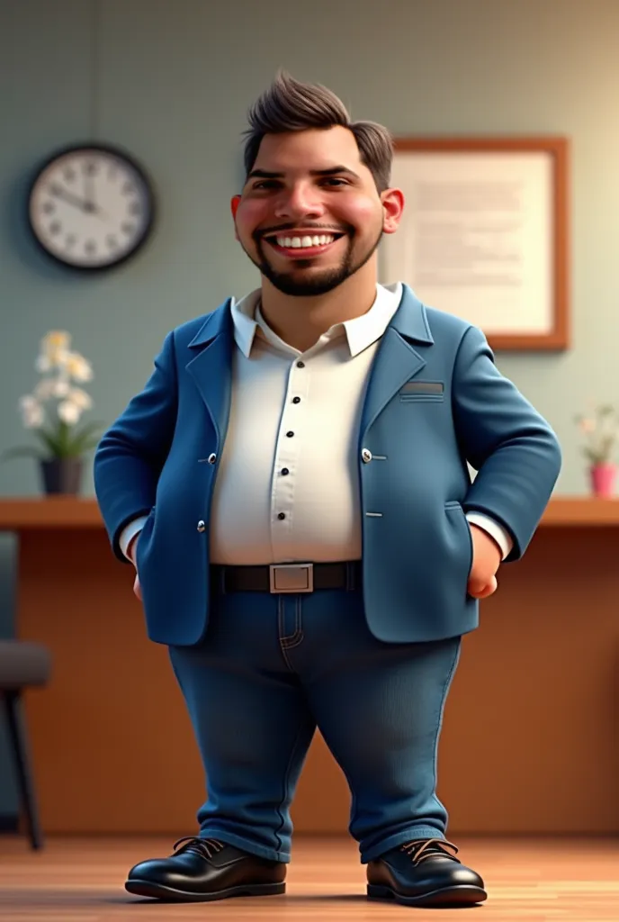 a 3d disney pixar style movie poster smiling man in blue suit, white shirt, jeans and black shoes, a little chubby, cute, in front of office counter