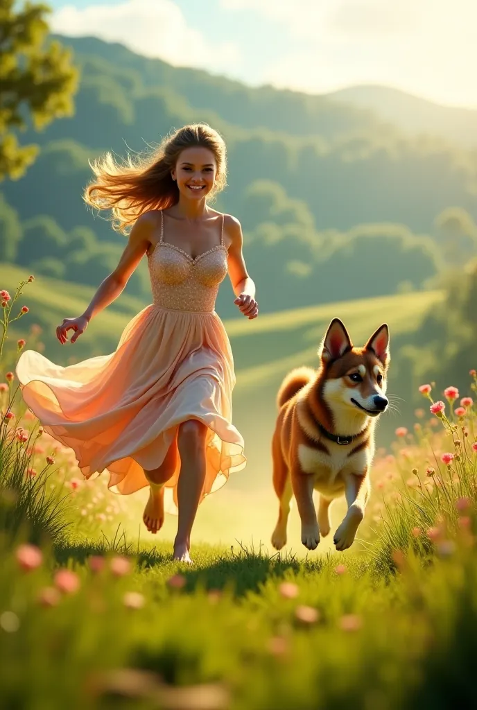 Woman in dress 
 Running with a dog
