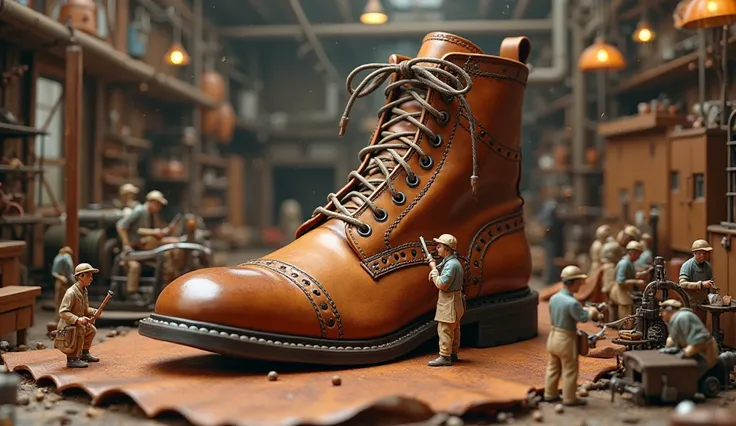 ((Realistic human miniatures)) are actively working on a gigantic brown leather boot inside a sprawling shoemaking workshop. Tiny cobblers in aprons use miniature sewing machines to stitch the massive leather upper, while others stand on tiny wooden scaffo...