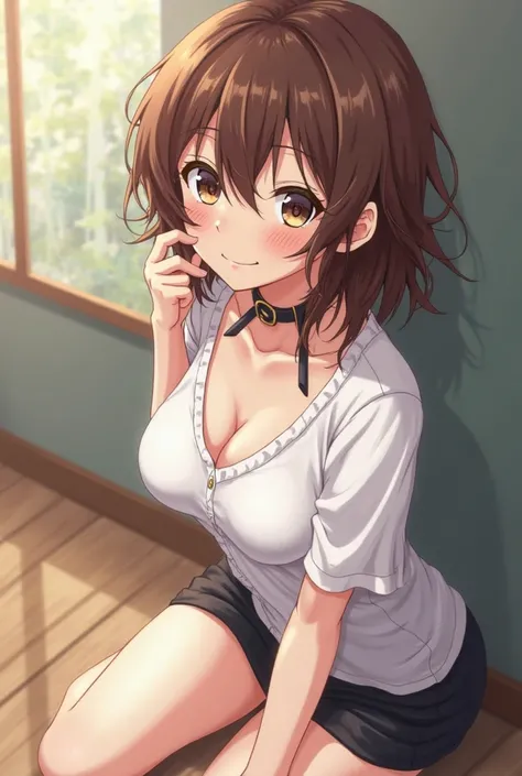 A photo of a Anime sexy girl,A girl is my Mean sister and she is really gassy,she has brown medium sized hair and brown eyes and white blouse and Black shorts,she is sitting on my face and she is smirking,and has a collar on my neck,while she’s pulling on ...