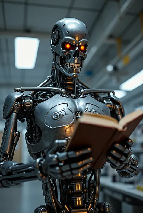 Create hyper-realistic 4k image of the Cyberdyne Systems T-800 model 101 from the Terminator movie. He has a tough pose and look and is reading the Bible.. The context is a scientific laboratory. The Cyberdyne Systems T-800 model 101 has a logo on its ches...