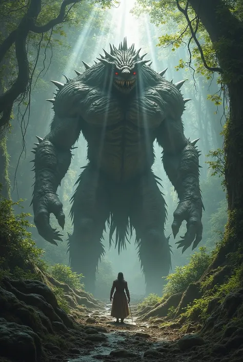 Create an image of a large monster, It's strong . In a forest alone, In the medieval fantasy theme .