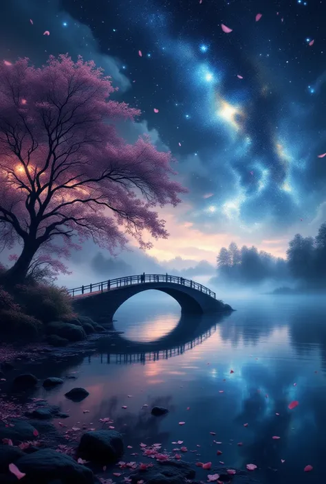 The beauty of imagination, Fantasy style, utmost detail, best quality, intricate details, has a high resolution, extremery best quality,  masterpiece , 8 K,  Beautiful painting ,  night sky , Stars, beautiful reflection on the water, mysterious trees make ...