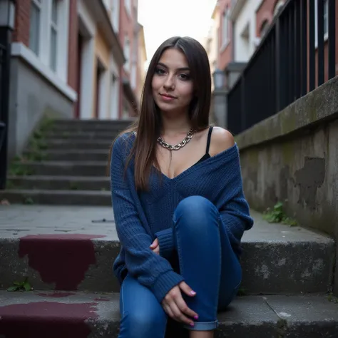 woman sitting on stairs. Has a blue sweater on. a pair of jeans and sneakers