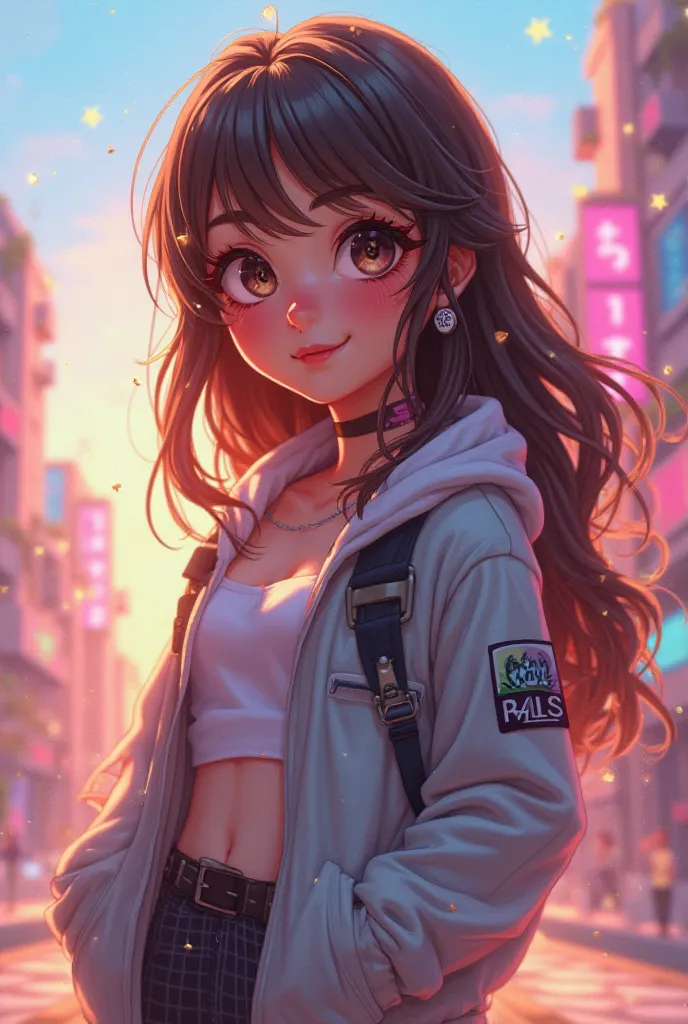 Create a vibrant and expressive animated girl character in a semi-realistic or anime-inspired style. She has large, sparkling eyes full of curiosity, a small upturned nose, and a playful smile. Her hair is long, flowing, and slightly wavy, with soft highli...