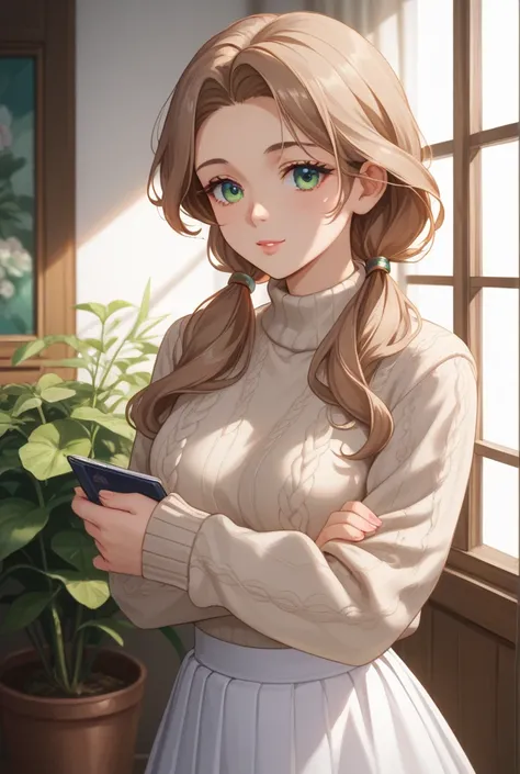  a woman, anime style. green eyes, long brown hair, her hair taken in two low ponytails. wear a light brown sweater and a white skirt 