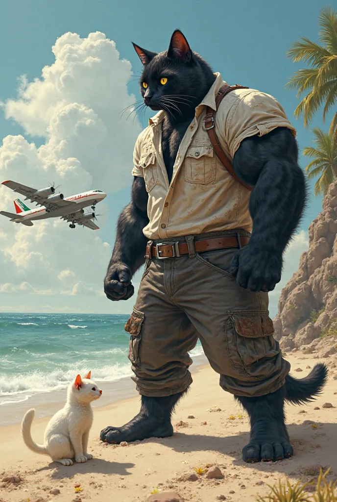 A massive huge muscles black cat wearing dirty toured white shirts and black trouser looking an aeroplane and waving hands on it near a sandy beach with a cute small white cat standing