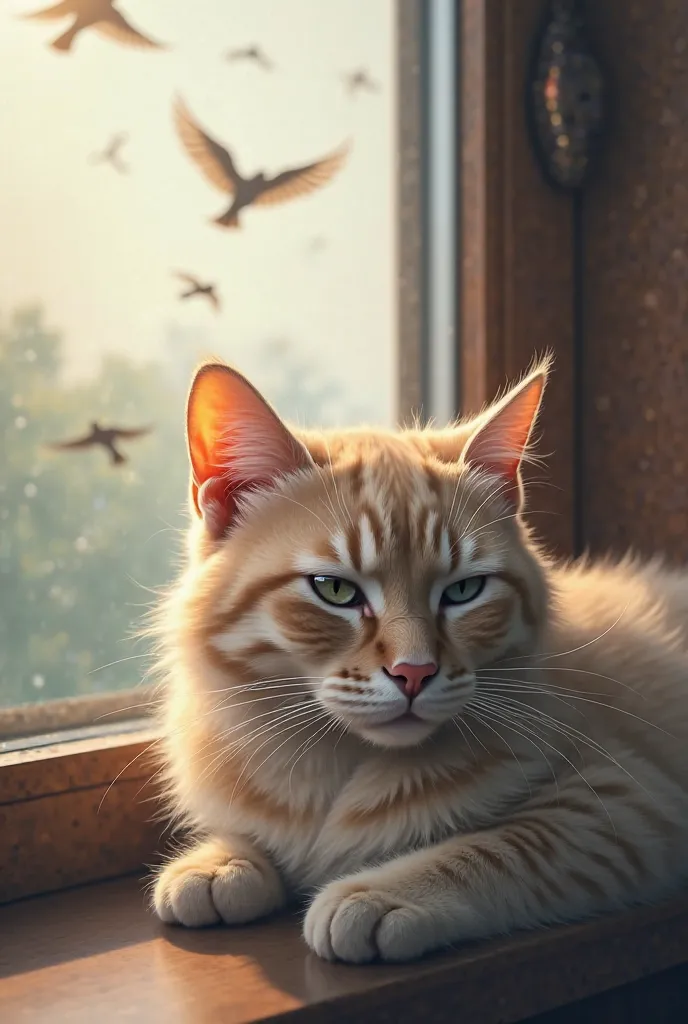 close-up of a cat, Whiskers, lying lazily on a windowsill, staring out into the world. It’s a quiet, peaceful moment. Outside, a few birds are flying.