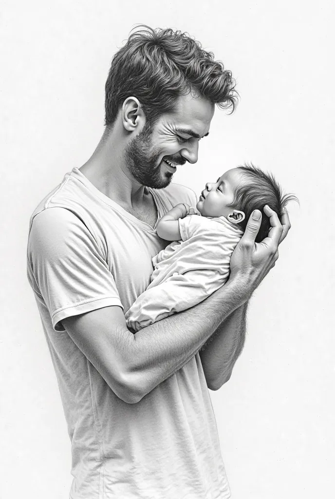 I need a drawing of New born baby and holding father in his arm pencil drawing 

