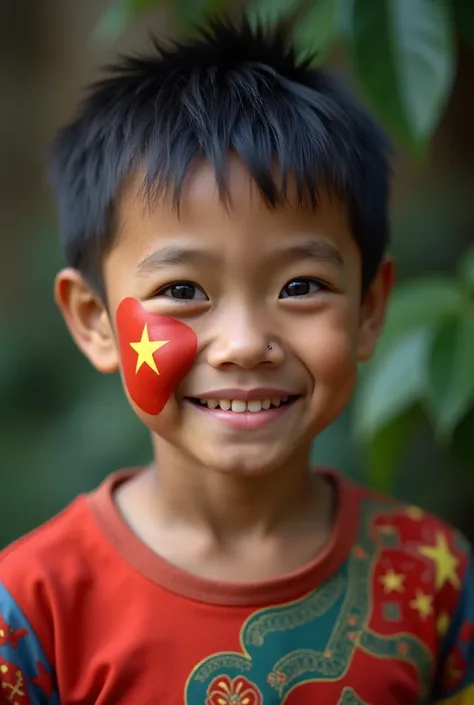 a video of a boy wearing shirt with Vietnam flag on his cheek are saying 