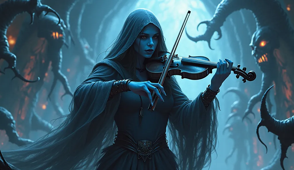 A witch of the abyss, with bluish skin and sharp claws, dressed in a torn robe that barely covers her silhouette, playing an obsidian violin on a floating altar in a sea of trapped souls. Her notes resonate like an echo in eternity, and each vibration open...