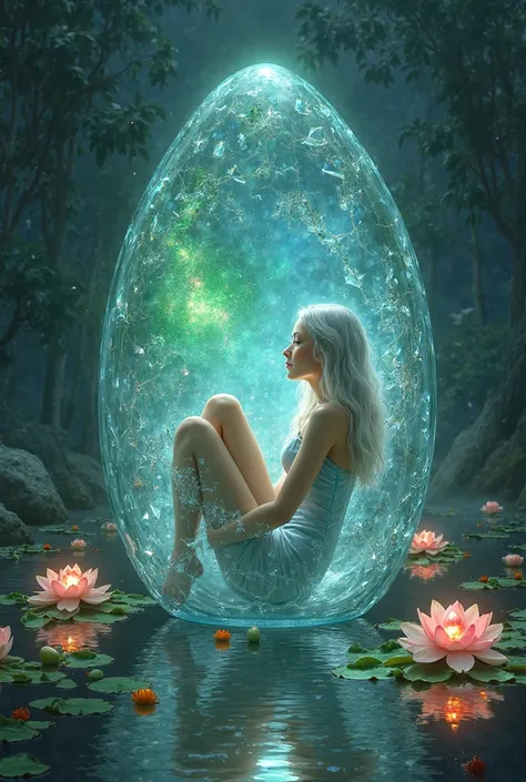 A masterpiece of surreal fantasy: a midnight lake, glowing lotus flowers, and a colossal, crystalline glass egg in the midst of shattering. Inside, a celestial young goddess with breathtaking beauty is curled up, enveloped by her long, silver hair. She wea...