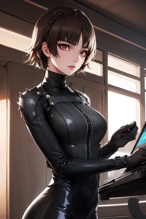  makoto nijima,  dumb bangs, hair, brown hair, crown hair, (red eyes:1.3), short hair, black latex bodysuit, glossy leather pants ,  Leather belt ( Masterpiece :1.2), best quality, high resolution, обои unity 8k, ( illustration:0.8), (beautiful detailed ey...