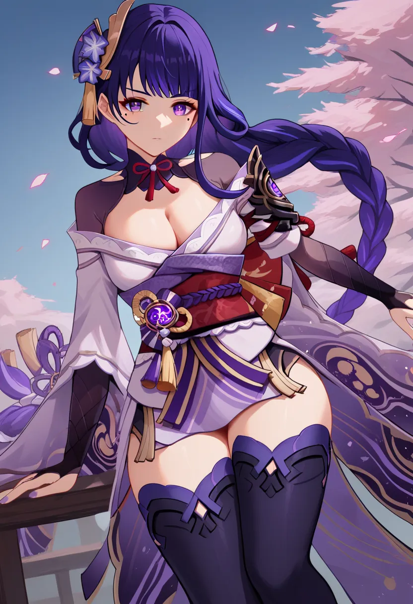 raiden shogun, braid, braided ponytail, hair flower, hair ornament, long hair, mole, mole under eye, purple eyes, purple flower, purple hair, single braid, sidelocks,
black gloves, black thighhighs, bridal gauntlets, cleavage, gloves, gold trim, japanese c...