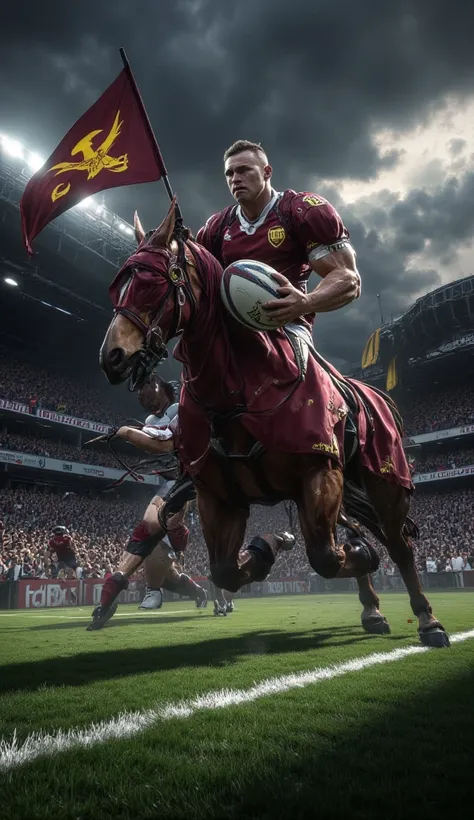 highly ultra realistic cinematic image A strong horse rugby player with muscular legs and a determined gaze, wearing a sleek maroon jersey with gold accents., showing its fierce focus. The horse grips a rugged rugby ball tightly in its feet, ready to charg...