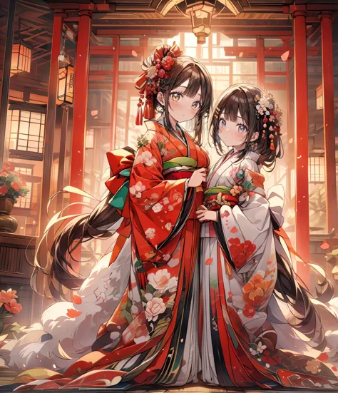 ((masterpiece:1.2)), ((Best Quality:1.2)), 2girls, (court ladies, head on another's shoulder, head tilt, locked arms, like beautiful hina doll,  kimono, having fun at enjoying sake), peach blossoms, Japanese-style room, playing joyfully, bright spring sunl...