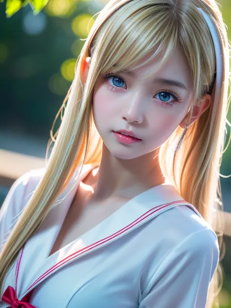  RAW photos 、(((( Extremely Beautiful Portrait )))、(((Glossy White Beautiful Skin ))、 1 girl、、sailor suit、 Pretty Beautiful 15-Year-Old Girl 、(( Glossy Natural Blonde ))、super long straight hair、Beautiful Bangs、very perfect and beautiful big clear super br...