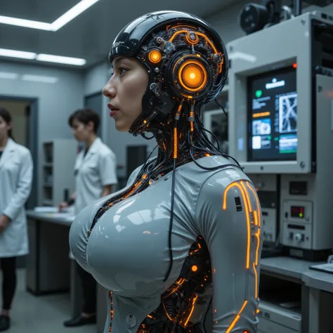 Masterpiece cybertechnology photo, photorealistic sideview portrait of slim young ((fullbreasted)) japanese cyborg girl with futuristic technology machine style head, wearing a ((((tight fluorescent black and orange semiconductor circuit board design latex...
