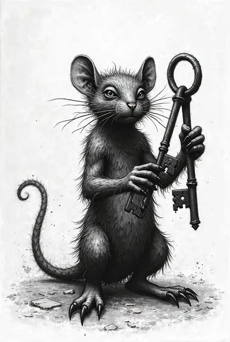 A black and white drawing of a vermin who has three keys 