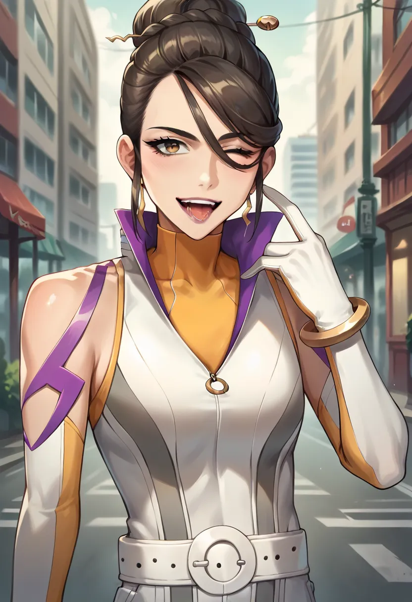  score_9,  score_8_up,  score_7_up,  source_anime, masterpiece, 1 girl, CT_Sierra,  gray eyes, medium chest, yellow turtleneck, White Bodysuit,  elbow gloves , logo, White Belt, bracelet, viewers, outdoor, city, depth of writing, with one eye closed, smile...