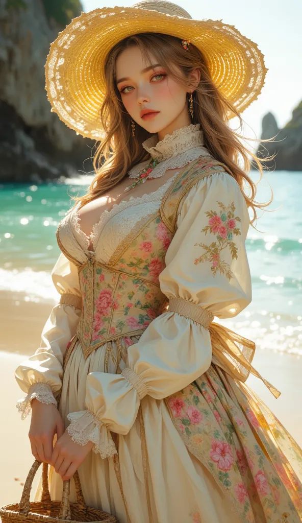 8k, Masterpiece, Top Quality, woman, Victorian era dress, floral pattern, lace collar, very very very large breasts, yellow straw hat, wicker basket, beach backdrop, turquoise water, soft lighting, vintage aesthetic, romantic atmosphere, detailed fabric te...