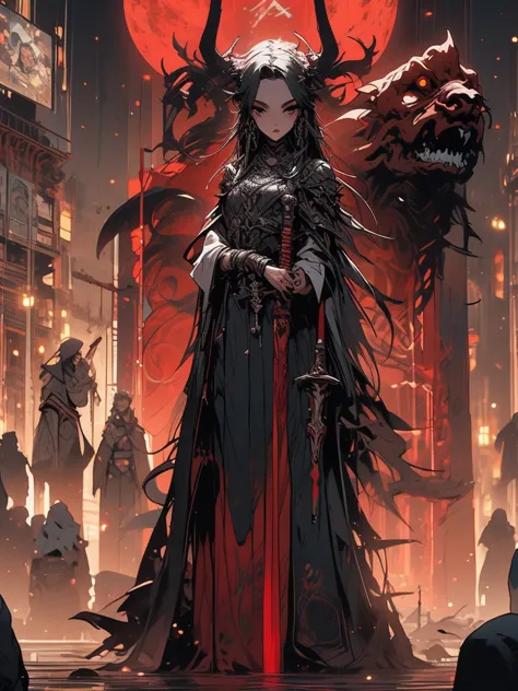 (best image quality),(girl holding a steel sword in her right hand),(girl dressed in dull, shining black iron armor),A girl around ,Petite,Small face,Small chest,Rin々 with dark eyes, black hair,straight long hair,サラサラの black hair, dark eyes, big eyes,Rin々E...