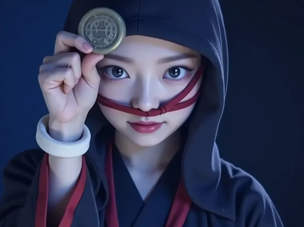 “A female Nezumi Kozo stands in the darkness, wearing a black and red hood, holding up an Edo-period koban coin with a confident smile. Her sharp gaze and self-assured expression exude the aura of a noble thief. A red and black ribbon crosses just below he...