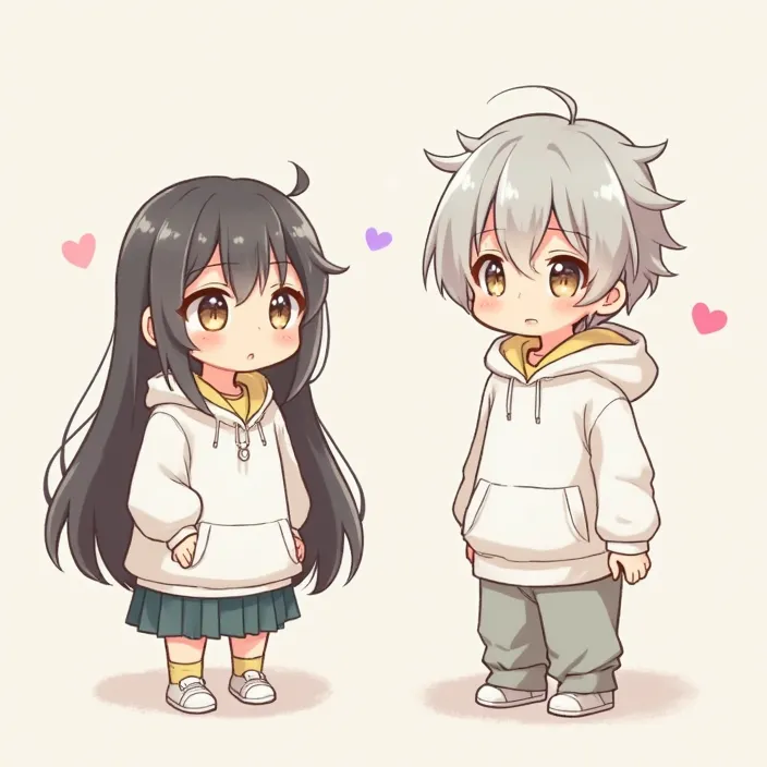  little character, high image quality, is facing the front, 8k,  girls on the left, boy, Paired drawings, left:(((Shiny long hair, long hair,  Hair))) , Forehead enhancement +,brown eyes, Sparkling eyes,  Round Eyes))))+,  white hoodie, skirt+, right:(((sh...